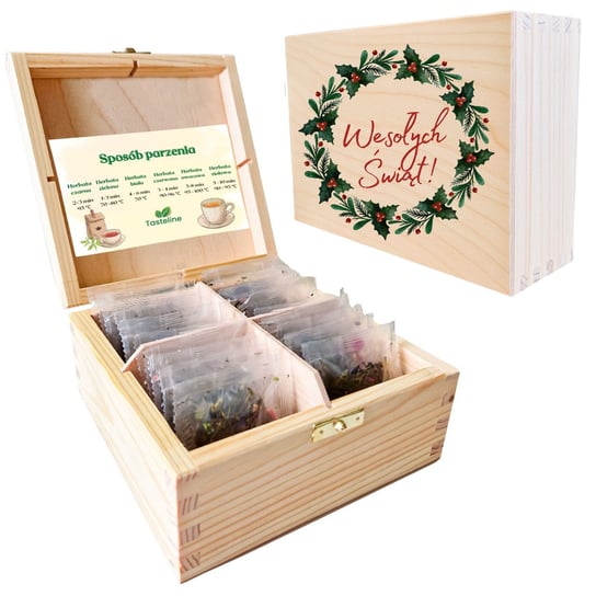 Kosz Prezentowy Herbaciarka Drewniana Z Świątecznym Nadrukiem Prezent Na Święta Tasteline