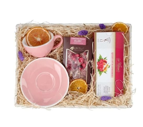 Kosz prezentowy - różowa filiżanka, herbata Sir Williams i czekolada Ruby M.Pelczar Inny producent