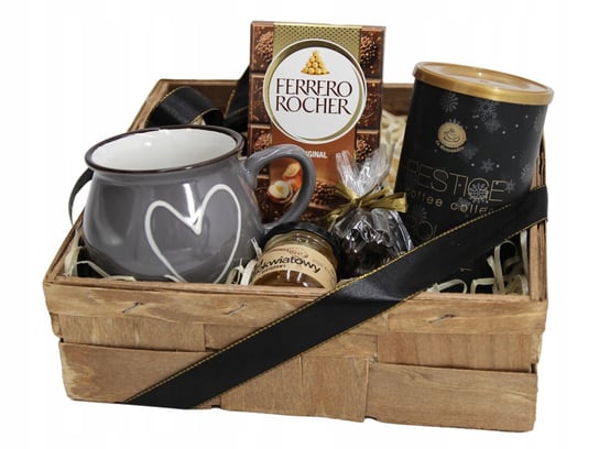 Kosz prezentowy z szarym kubkiem Serce, kawą, miodem i czekoladą ferrero AMD Gifts