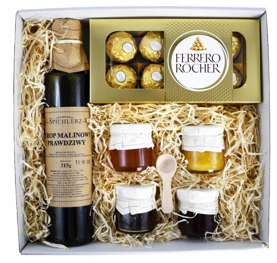Kosz Prezentowy Zestaw z Miodem Konfiturą na Prezent Syrop Miód Ferrero Ferrero
