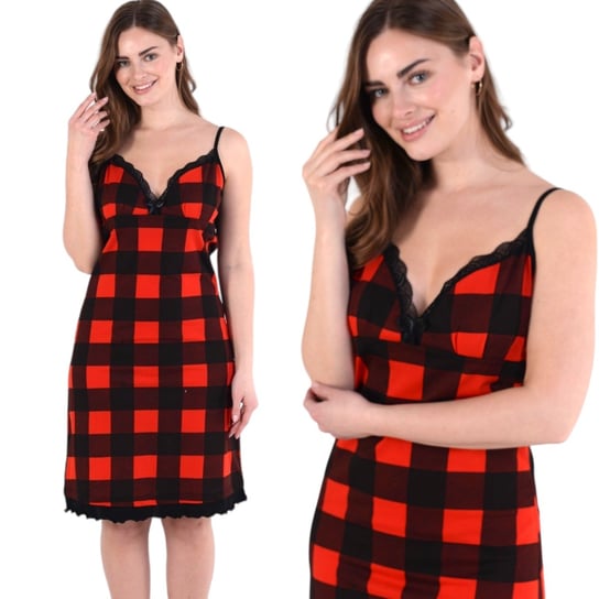 Koszula nocna damska na ramiączkach czerwono-czarna w kratę bawełniana XL Inna marka
