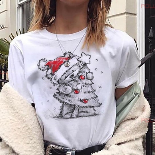 Koszulka Damska Biała Świąteczna Plus Size T-Shirt Z Misiem 3D Xxxl Inna marka