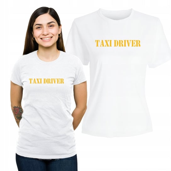 Koszulka Damska Biała z Nadrukiem Bawełniany T-shirt Prezent Taxi Driv L Plexido