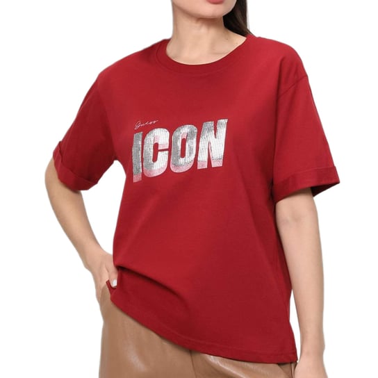 Koszulka damska Guess Iconic t-shirt luźny bordowy-L GUESS