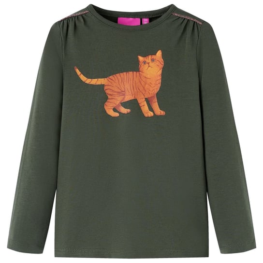 Koszulka dziecięca z długimi rękawami, z kotem, khaki, 116 vidaXL