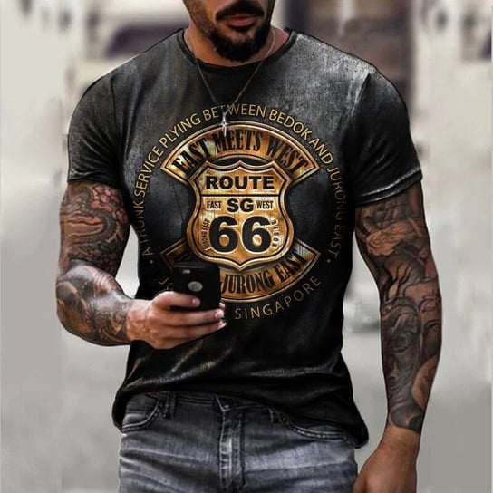 Koszulka Męska Motocyklowa T-Shirt Z Nadrukiem 3D Route 66 Efekt Sprania Efekt Acid Wash Xxxxxl Inna marka
