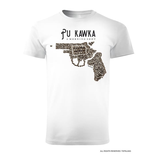Koszulka męska TOPSLANG pistoletem z kawy PuKawka, biała, rozmiar M Topslang