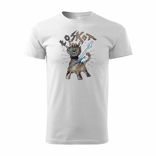 Koszulka rockowa z kotem rock dla gitarzysty z gitarą gitara męska biała REGULAR-M TUCANOS