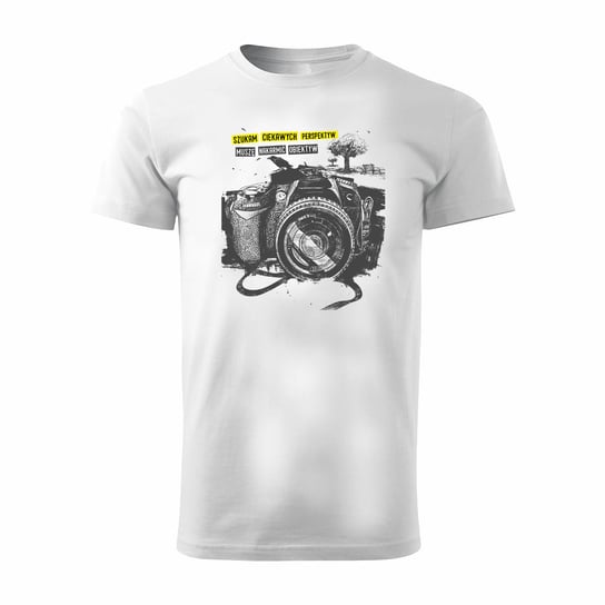 Koszulka z aparatem fotograficznym dla fotografa na prezent męska biała REGULAR-M TUCANOS