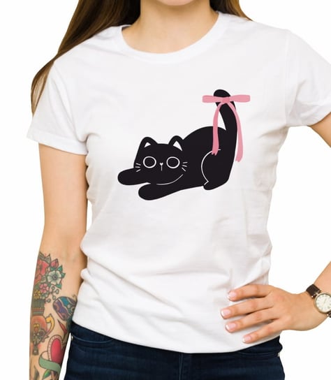 Koszulka z nadrukiem kot z różową kokardą, damska, biała, rozmiar XL Inna marka