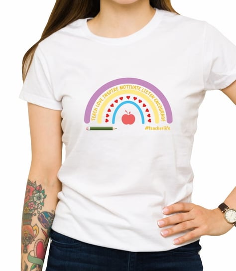 Koszulka z nadrukiem, rainbow teach love inspire, damska, biała, rozmiar S Inna marka
