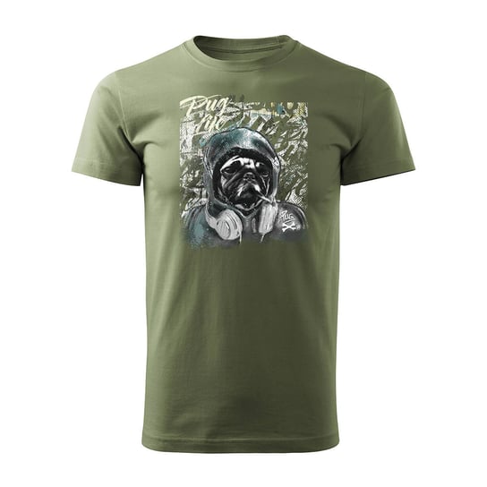 Koszulka z psem Mops mopsem mopsik street art urban męska khaki-XL TUCANOS