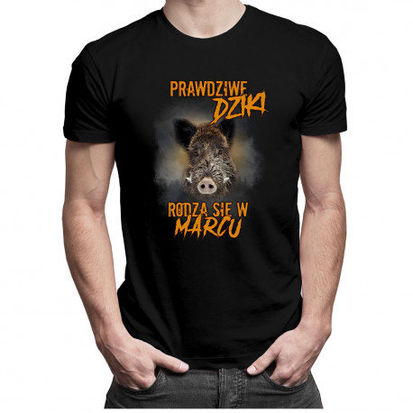 Koszulkowy, Koszulka męska, Prawdziwe dziki rodzą się w marcu – męska koszulka z nadrukiem, rozmiar L Koszulkowy
