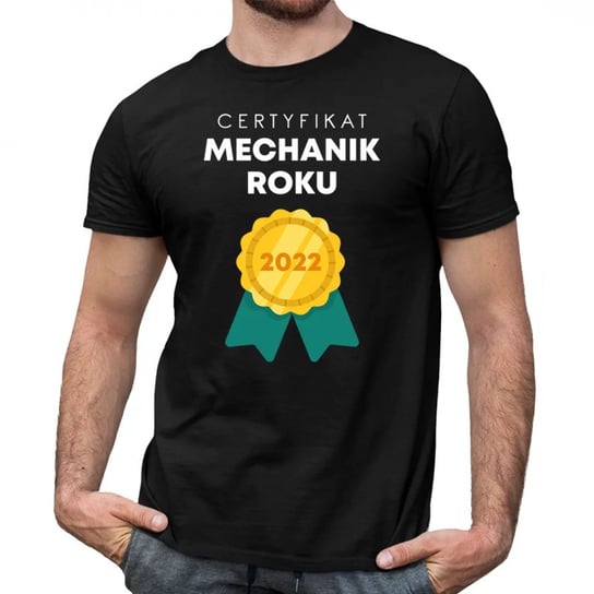 Koszulkowy, Męska koszulka na prezent dla mechanika, Certyfikat Mechanik Roku 2022, kolor czarny, rozmiar S Koszulkowy