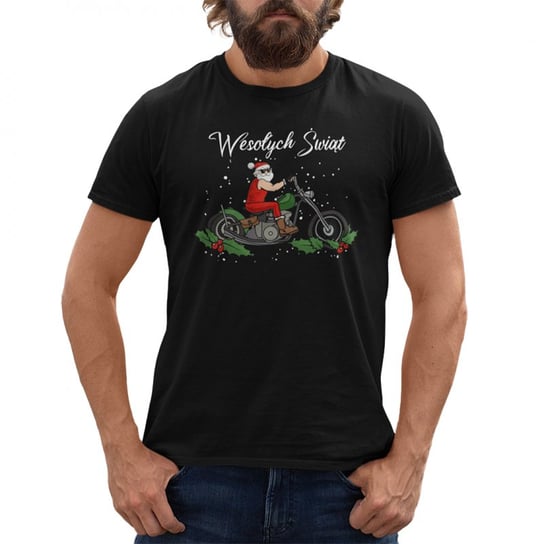 Koszulkowy, Męska koszulka, Wesołych Świąt, Mikołaj na motocyklu, rozmiar XS Koszulkowy