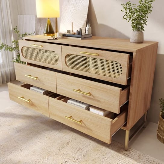 Credenza HYUB Con Inserti In Rattan – 120x40x90 Cm – 6 Cassetti – Colore Noce – Armadio Multiuso Per Corridoio E Soggiorno - 2