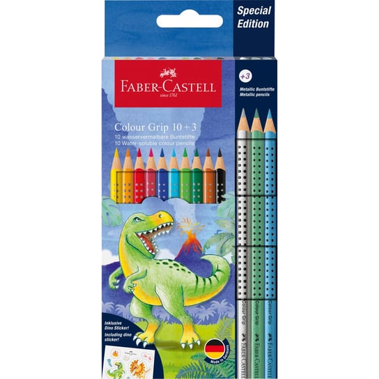 Kredki Grip Dinozaury Faber-Castell 10 Kolorów + 3 Kolory Metaliczne + Naklejki Faber-Castell