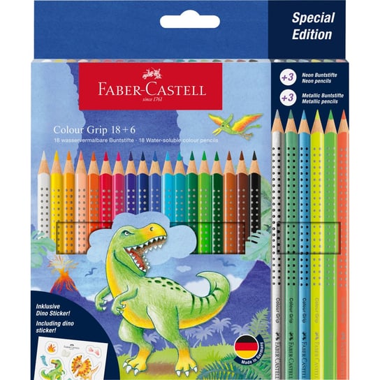 Kredki Grip Dinozaury Faber-Castell 18 Kolorów + 6 Kolorów Metalicznych + Naklejki Faber-Castell