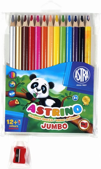 Kredki ołówkowe Astrino trójkątne 12 kolorów w drewnie + temperówka + 1 tęczowa kredka Astrino