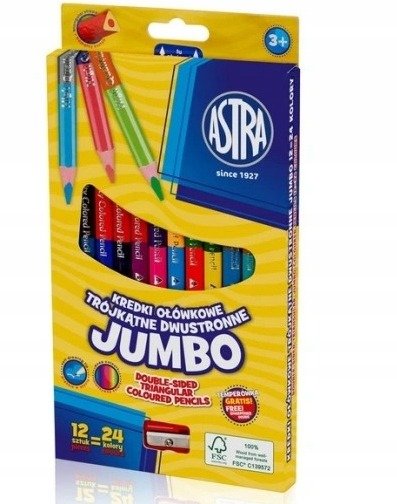 kredki ołówkowe dwustronne jumbo astra 24 kolory z temperówką ASTRA art-pap