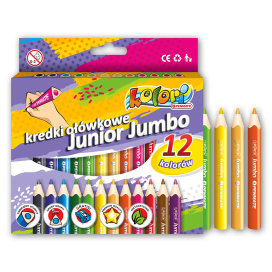 Kredki ołówkowe, Penmate Kolori Premium Junior Jumbo, 12 kolorów z temperówką PENMATE
