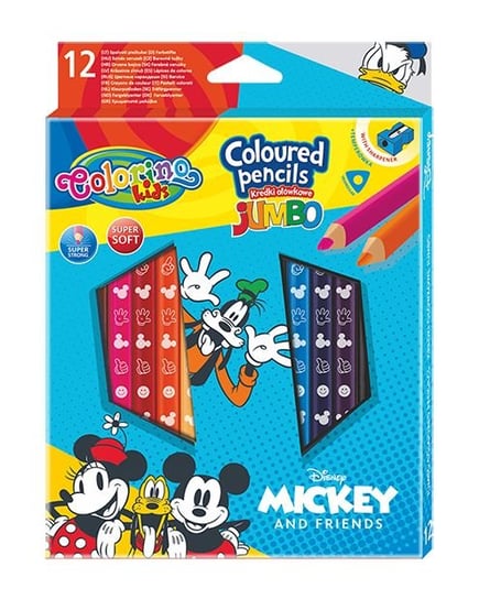 Kredki ołówkowe, trójkątne jumbo z temperówką, Colorino Kids, Mickey, 13 kolorów Colorino