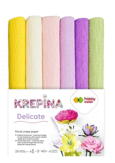 Krepina marszczona 25 cm x 100 cm, MIX Delicate - 6 kol., 6 rolek, Happy Color Happy Color