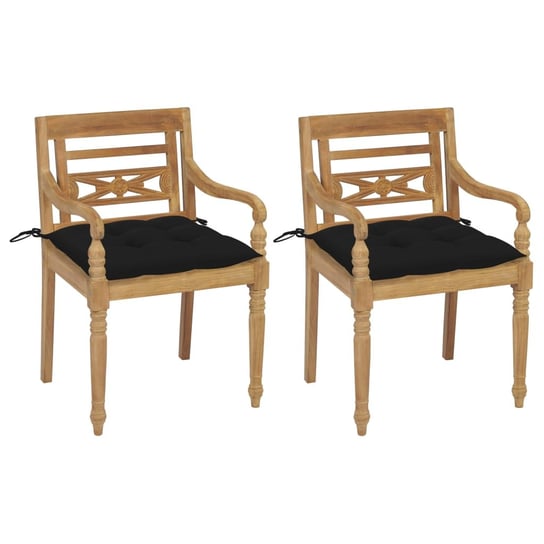 Krzesła Batavia z czarnymi poduszkami, 2 szt., drewno tekowe vidaXL