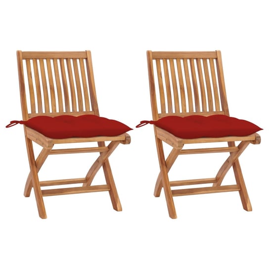 Krzesła ogrodowe, 2 szt., czerwone poduszki, drewno tekowe vidaXL