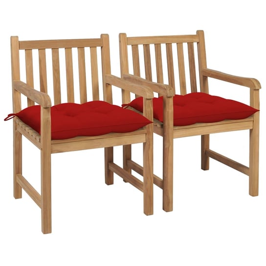 Krzesła ogrodowe, 2 szt., czerwone poduszki, drewno tekowe vidaXL