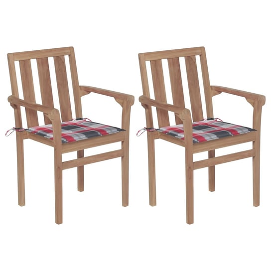 Krzesła ogrodowe, 2 szt., poduszki w czerwoną kratę, tekowe vidaXL