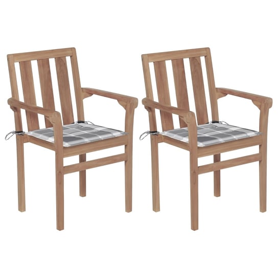 Krzesła ogrodowe, 2 szt., poduszki w szarą kratę, drewno tekowe vidaXL