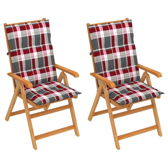 Krzesła ogrodowe, 2 szt., z poduszkami w czerwoną kratę, tekowe vidaXL