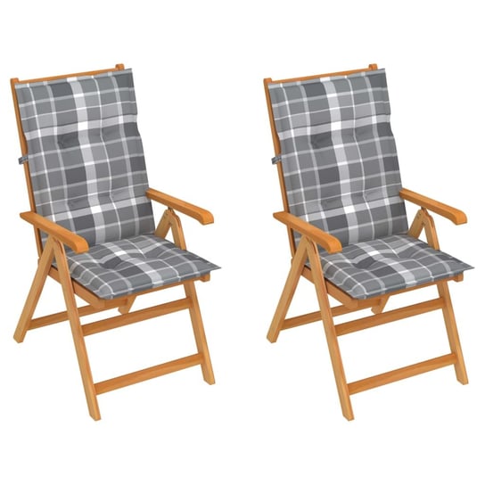 Krzesła ogrodowe, 2 szt., z poduszkami w szarą kratę, tekowe vidaXL