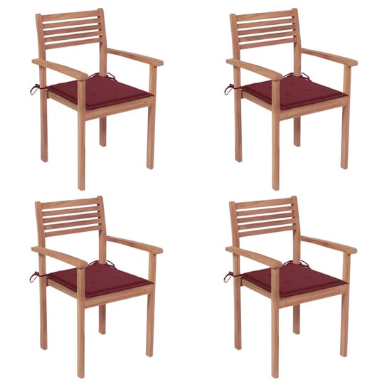 Krzesła ogrodowe, 4 szt., czerwone poduszki, drewno tekowe vidaXL