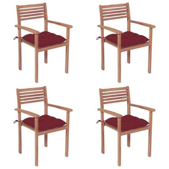 Krzesła ogrodowe, 4 szt., czerwone poduszki, drewno tekowe vidaXL