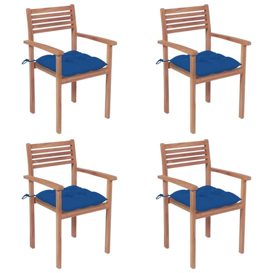 Krzesła ogrodowe, 4 szt., niebieskie poduszki, drewno tekowe vidaXL