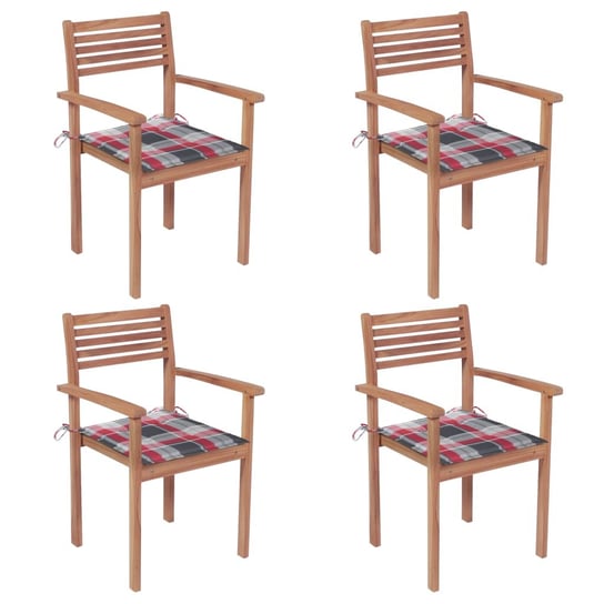 Krzesła ogrodowe, 4 szt., z poduszkami w czerwoną kratę, tekowe vidaXL