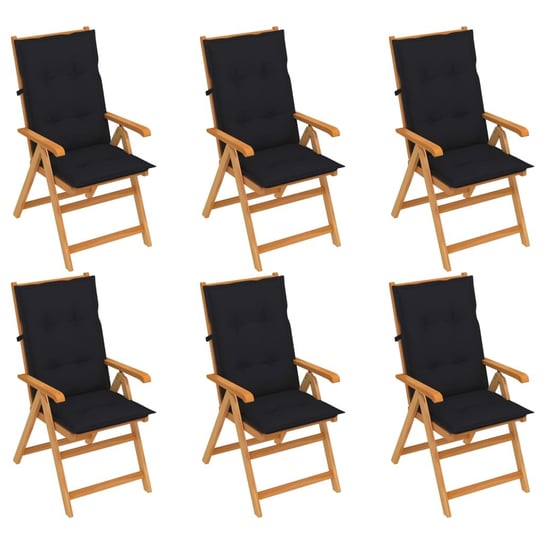 Krzesła ogrodowe, 6 szt., czarne poduszki, drewno tekowe vidaXL