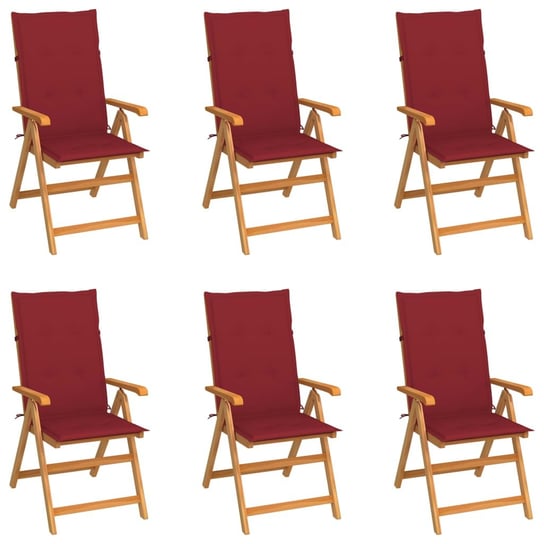 Krzesła ogrodowe, 6 szt., winnoczerwone poduszki, drewno tekowe vidaXL