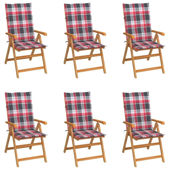 Krzesła ogrodowe, 6 szt., z poduszkami w czerwoną kratkę, tek vidaXL