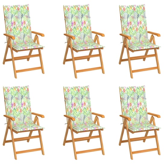 Krzesła ogrodowe, 6 szt., z poduszkami w liście, drewno tekowe vidaXL