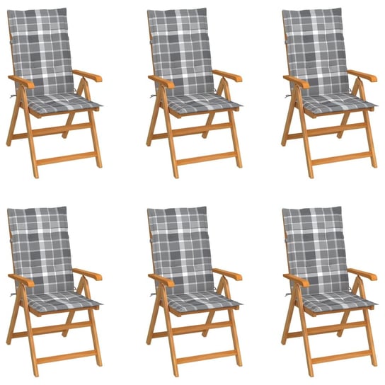 Krzesła ogrodowe, 6 szt., z poduszkami w szarą kratkę, tek vidaXL