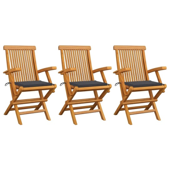 Krzesła ogrodowe, antracytowe poduszki, 3 szt., drewno tekowe vidaXL