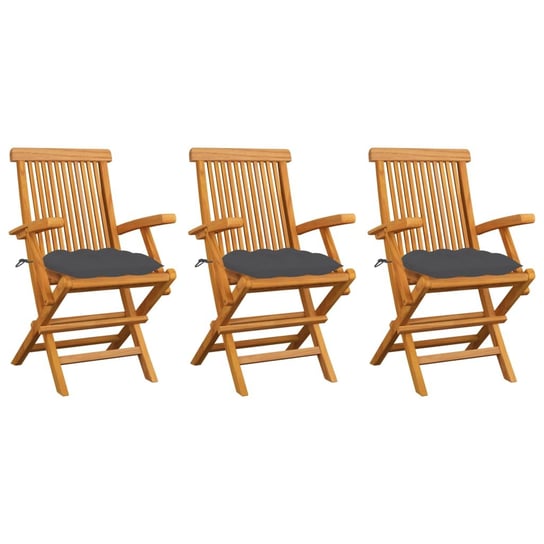 Krzesła ogrodowe, antracytowe poduszki, 3 szt., drewno tekowe vidaXL