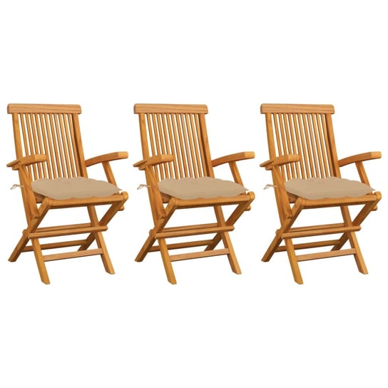 Krzesła ogrodowe, beżowe poduszki, 3 szt., lite drewno tekowe vidaXL