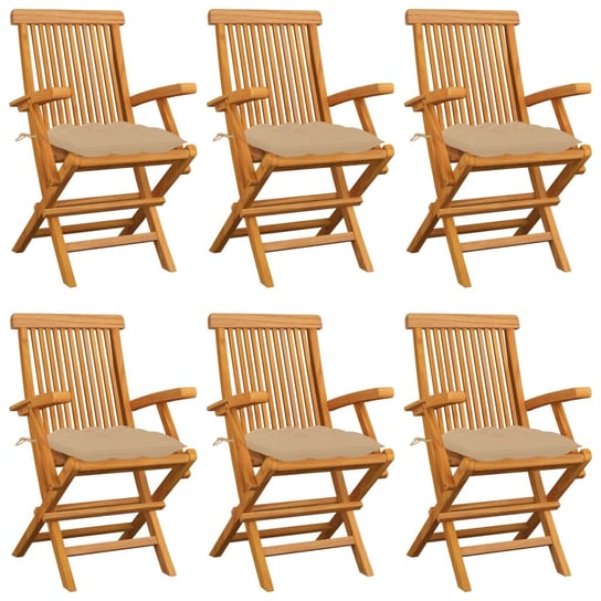 Krzesła ogrodowe, beżowe poduszki, 6 szt., drewno tekowe vidaXL