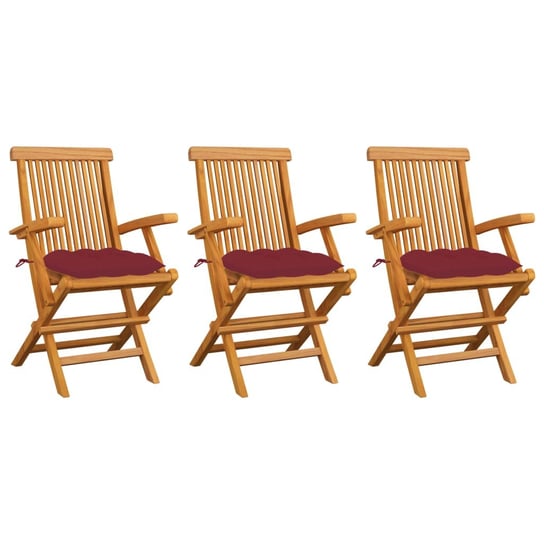 Krzesła ogrodowe, czerwone poduszki, 3 szt., drewno tekowe vidaXL