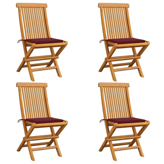 Krzesła ogrodowe, czerwone poduszki, 4 szt., drewno tekowe vidaXL