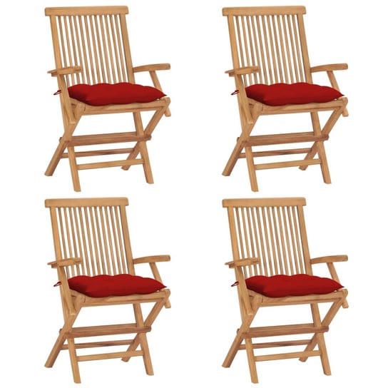 Krzesła ogrodowe, czerwone poduszki, 4 szt., lite drewno tekowe vidaXL